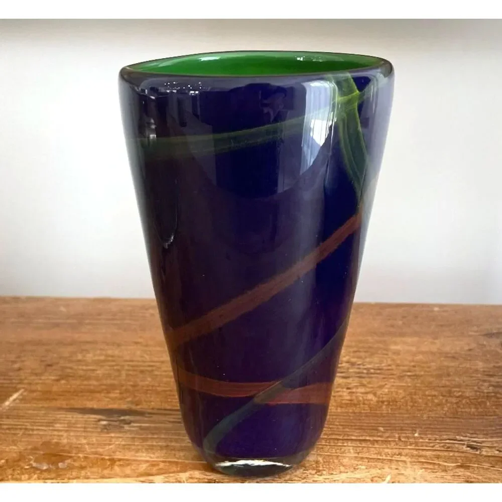 Vintage Soholm Danmark Blue Glass Vase with Cross Ribbon Accents